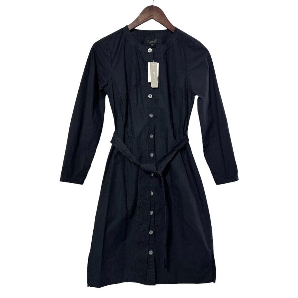NEW J. Crew Shirt Dress XXS Black Button Front Midi Belted Waist Tie Minimalist